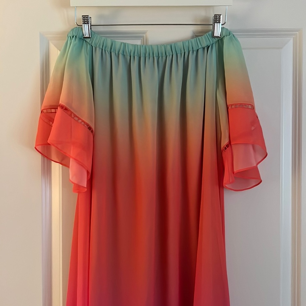 Trina Turk off shoulder high-low dress. Off shoulder. Tie dye. M.